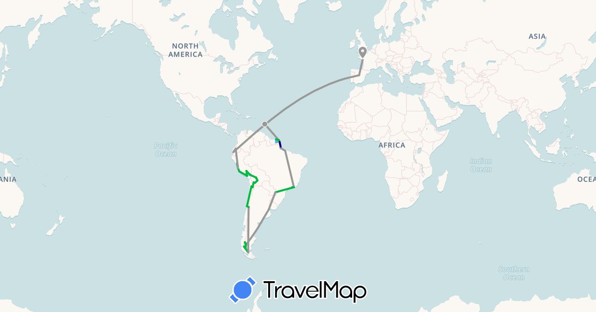 TravelMap itinerary: driving, bus, plane, hiking, boat in Argentina, Bolivia, Brazil, Chile, Ecuador, Spain, France, French Guiana, Martinique, Peru (Europe, North America, South America)